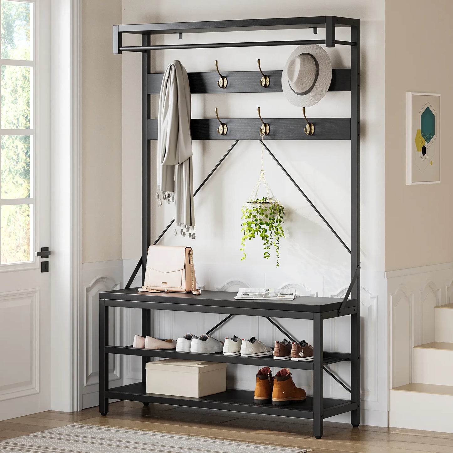 Industrial Hall Tree Coat Rack with Bench and 2-Tier Shoe Storage – 8 Hooks, Hanging Bar, Top Shelf – Metal Frame Wood Accent Entryway Organizer for Hallway, Mudroom, Bedroom, 39.9"X15.7"X72"