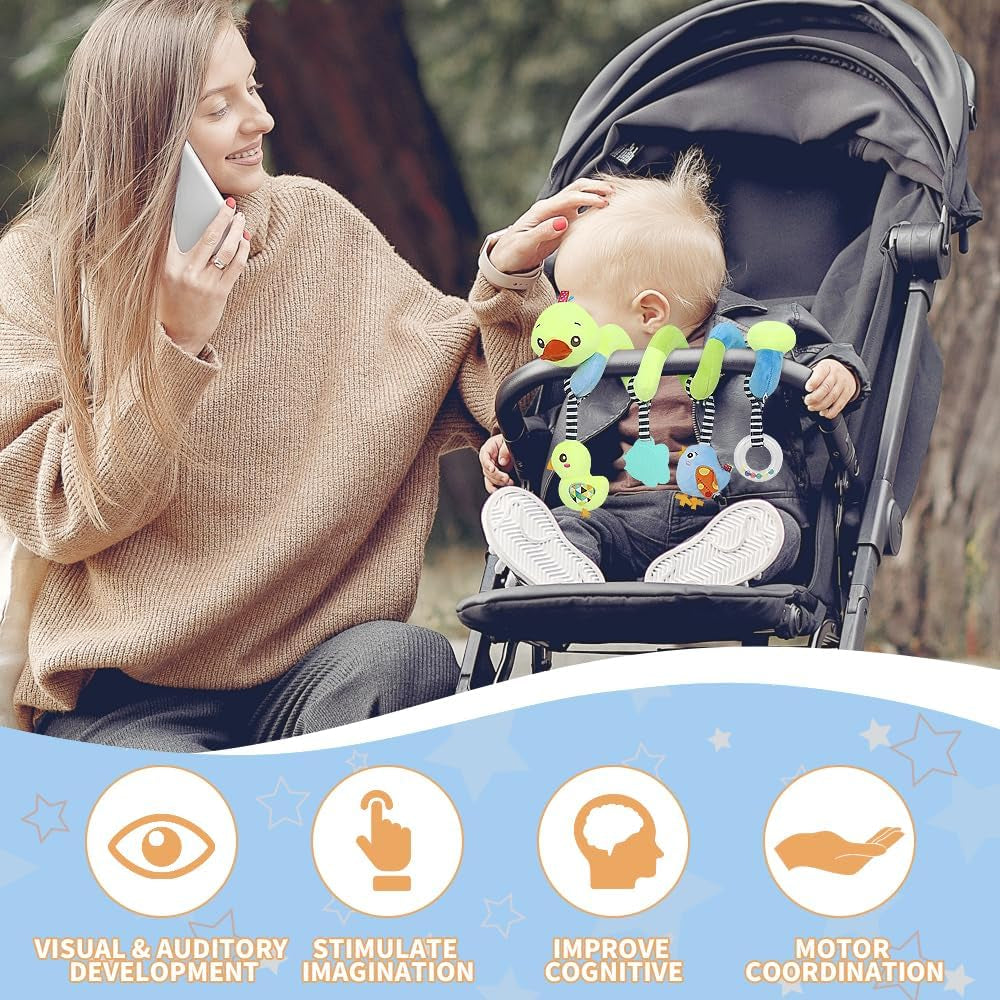 Baby Car Seat Toys, Activity Spiral Hangings Pram Toys, Plush Crib Toys with Squeaky for Boy or Girl, 0 Months up (Duck)