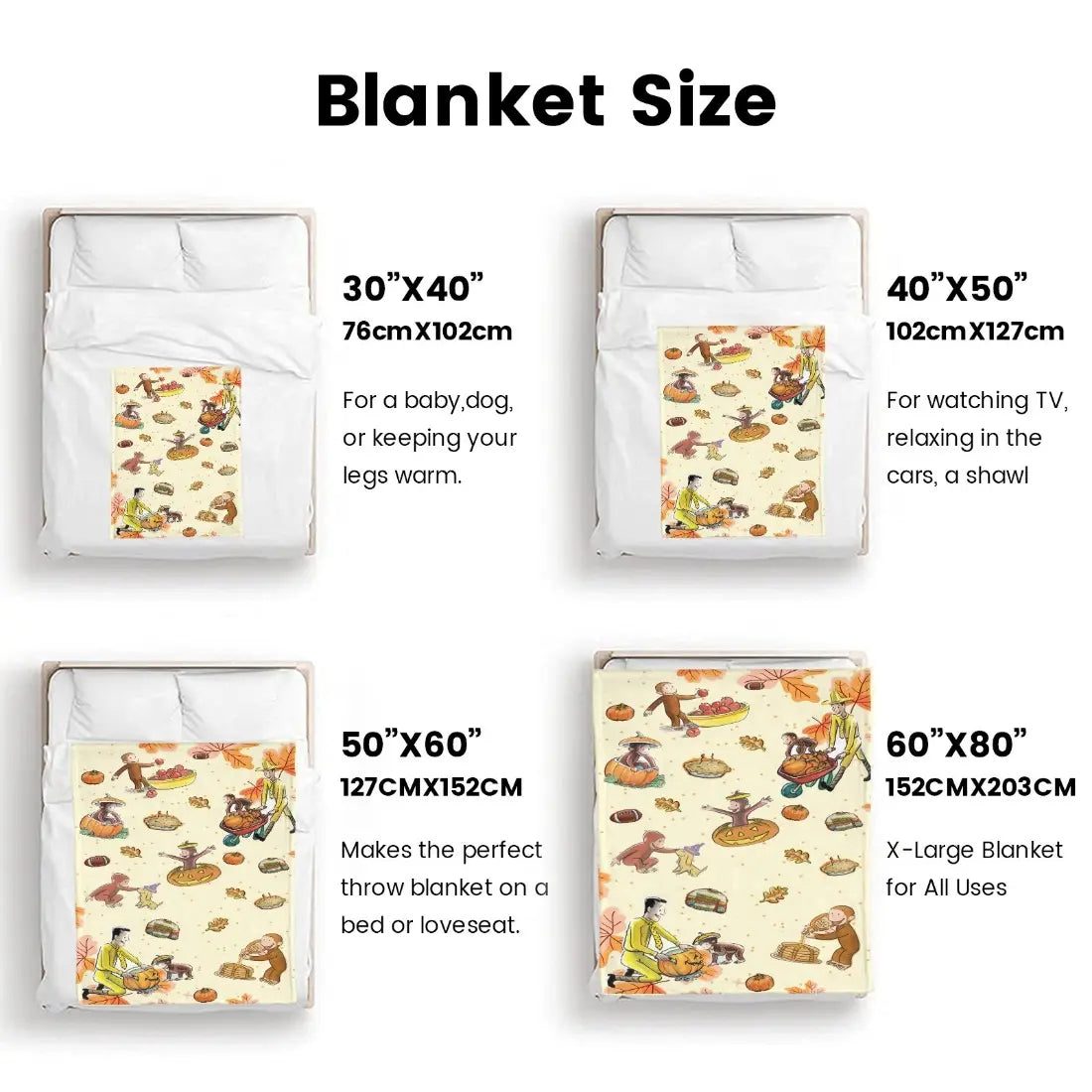 Classic Curious George Fall Harvest Flannel Throw Blanket, Pumpkin-Maple Leaf Cartoon Print, Soft Cozy Sofa Bed Cover, Ideal Thanksgiving Gift for Kids, Multi-Size