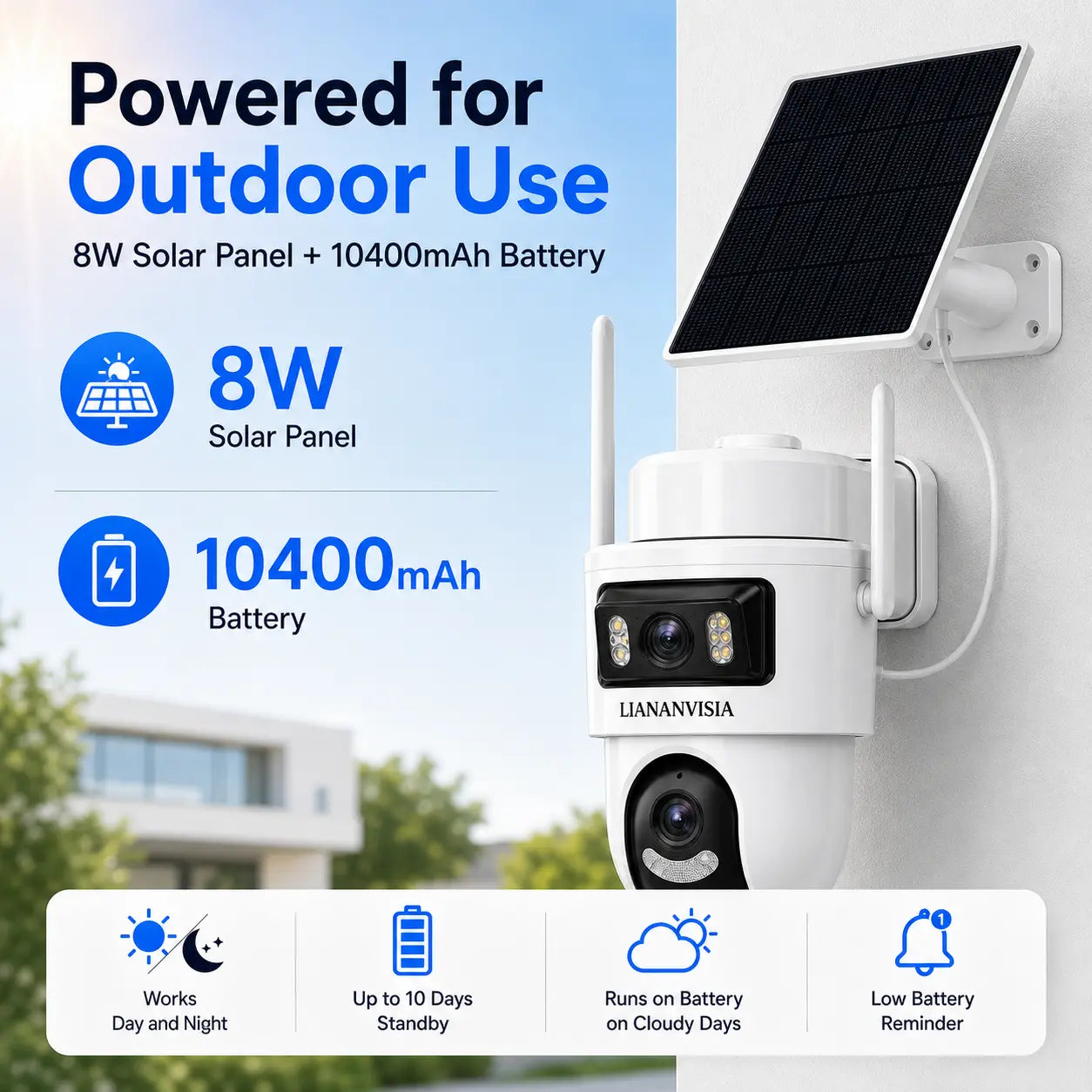 LIANANVISIA 4G LTE Cellular Security Camera - No Wifi, 4G Data Plan Required after 7-Day Free Trial, Built-In SIM Card, Solar-Powered Dual-Lens Outdoor System with Color Night Vision, 360° Pan-Tilt, Remote Viewing, 2-Way Speaker, Local Storage
