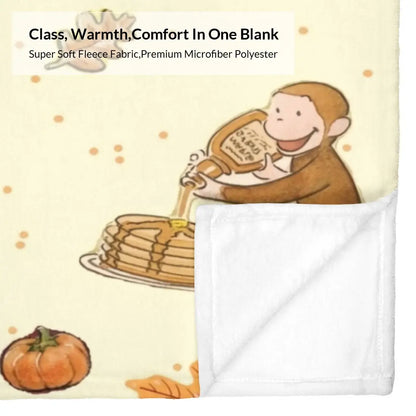 Classic Curious George Fall Harvest Flannel Throw Blanket, Pumpkin-Maple Leaf Cartoon Print, Soft Cozy Sofa Bed Cover, Ideal Thanksgiving Gift for Kids, Multi-Size