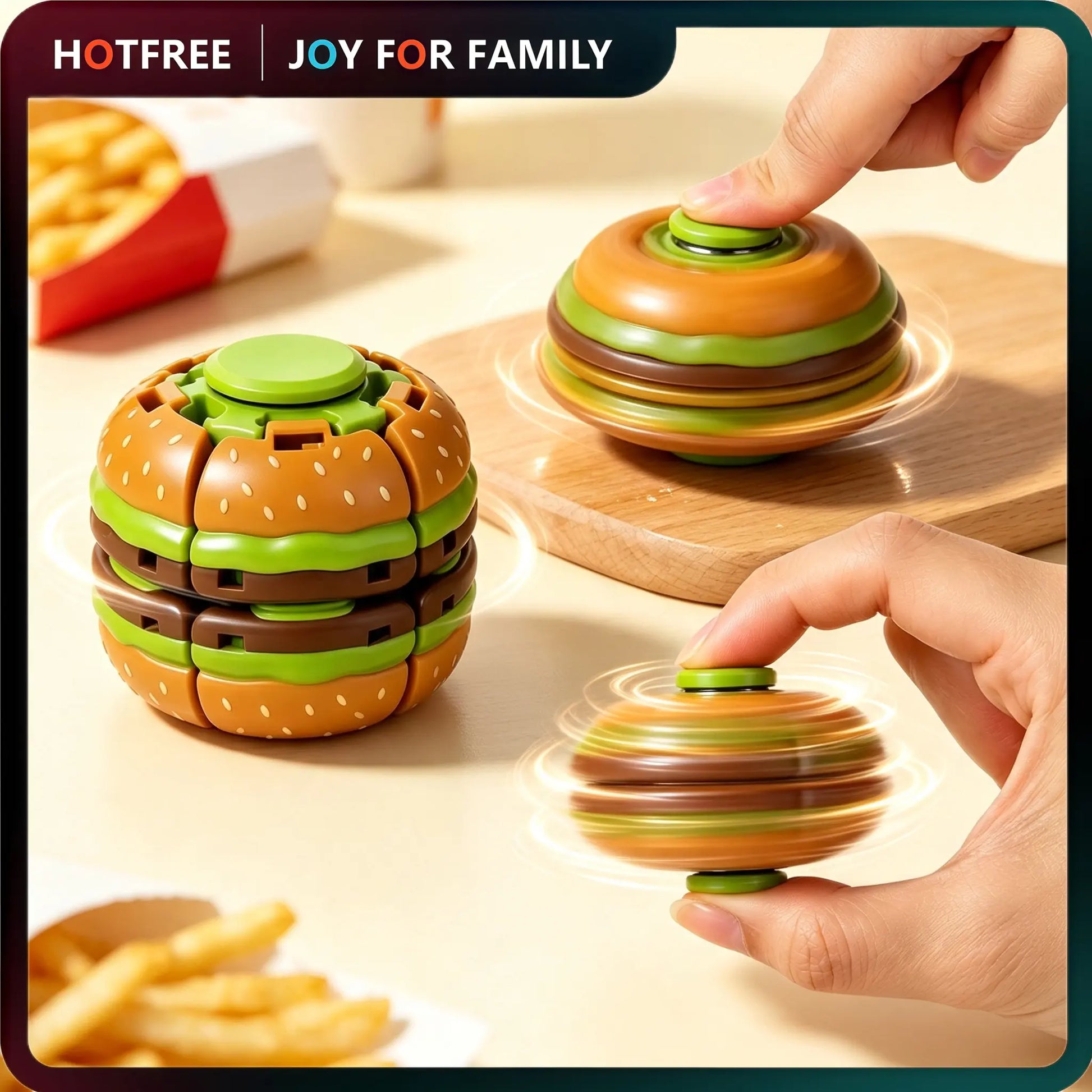 Hotfree Hamburger Transformable Fidget Ball Toy with Press & Spin Function, Handheld Sensory Fidget Gyro Toy, Pocket Stress Relief Tool, Anxiety Calming Fidget Spinner, Focus Aid for ADHD, Desk Fidget Gadget for Adults & Teens