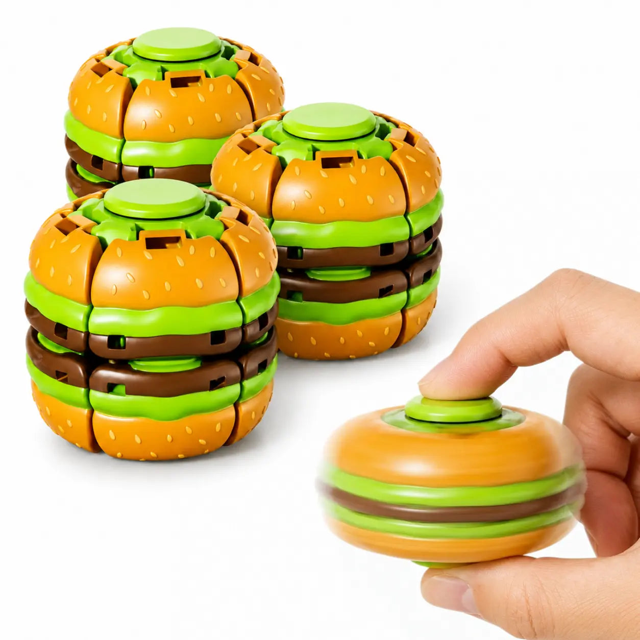 Hotfree Hamburger Transformable Fidget Ball Toy with Press & Spin Function, Handheld Sensory Fidget Gyro Toy, Pocket Stress Relief Tool, Anxiety Calming Fidget Spinner, Focus Aid for ADHD, Desk Fidget Gadget for Adults & Teens