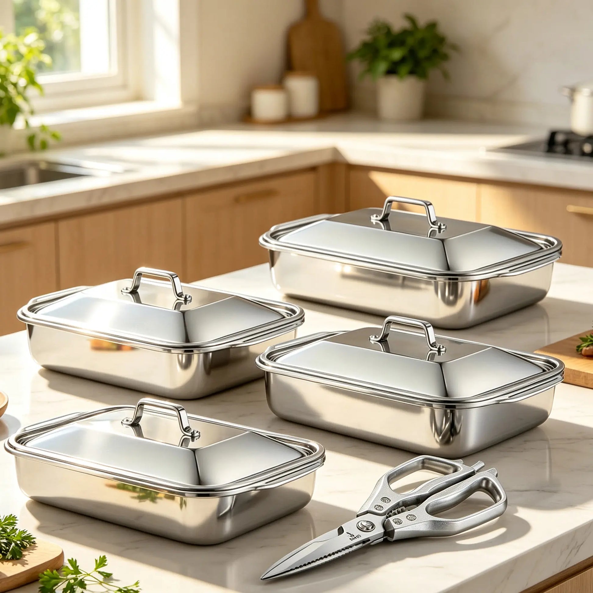 Stainless Steel Durable Bakeware Set - 4Pc Extra Large Nonstick Thick-Bottomed Rectangular Oven-Safe Cake Tins with Lids, Grill-To-Serve for Desserts, Grilling, Mother’S Day Gift