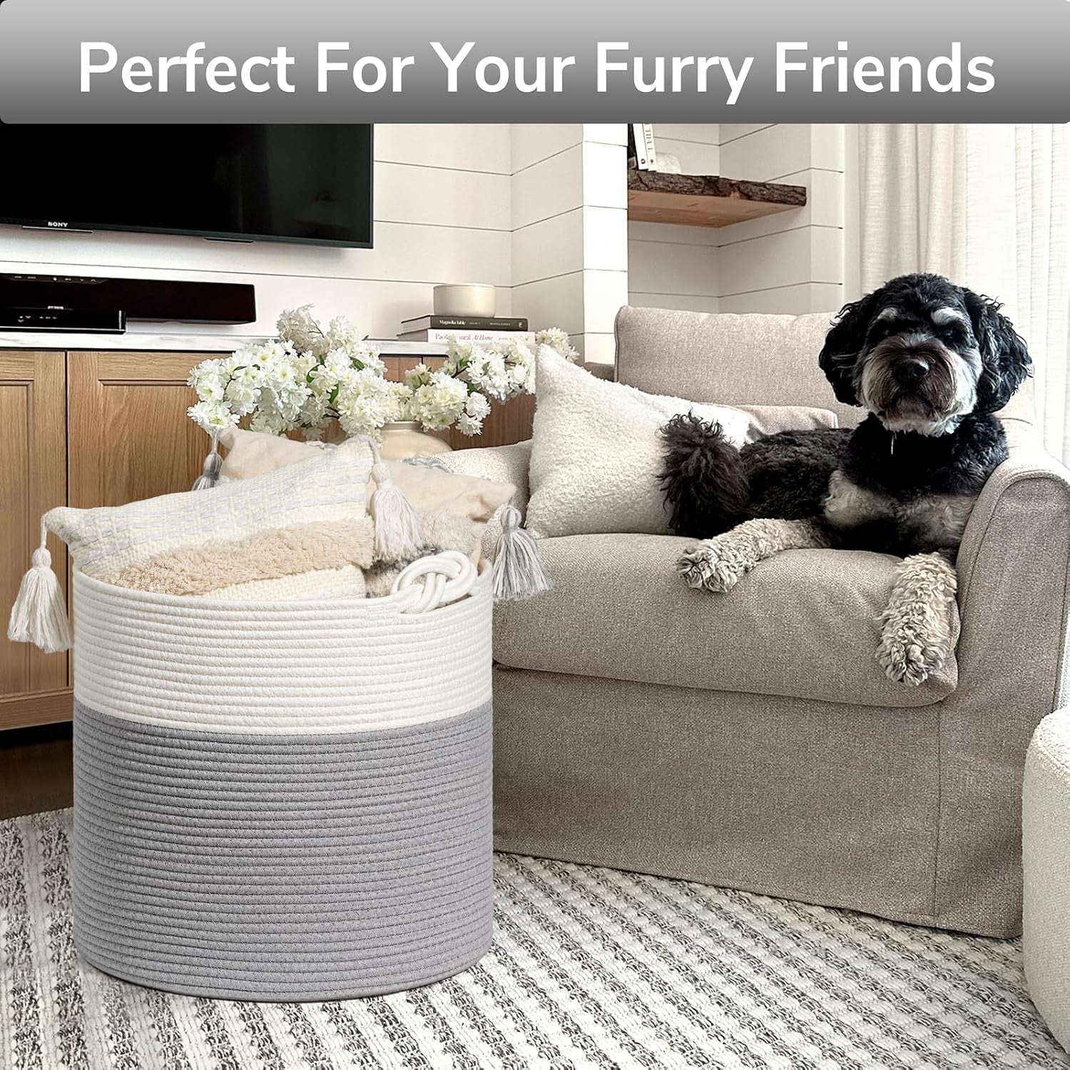 Woven Rope Blanket Basket Living Room, 40L, Grey