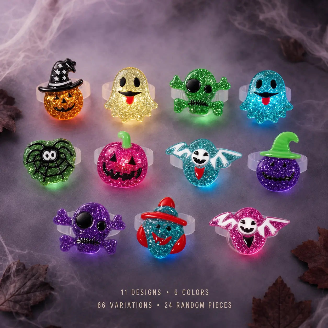 2026 New Spooky Halloween LED Light-Up Flashing Rings (24PCS Assorted), Trick-Or-Treat Gifts, Party Favors & Goodie Bag Prizes