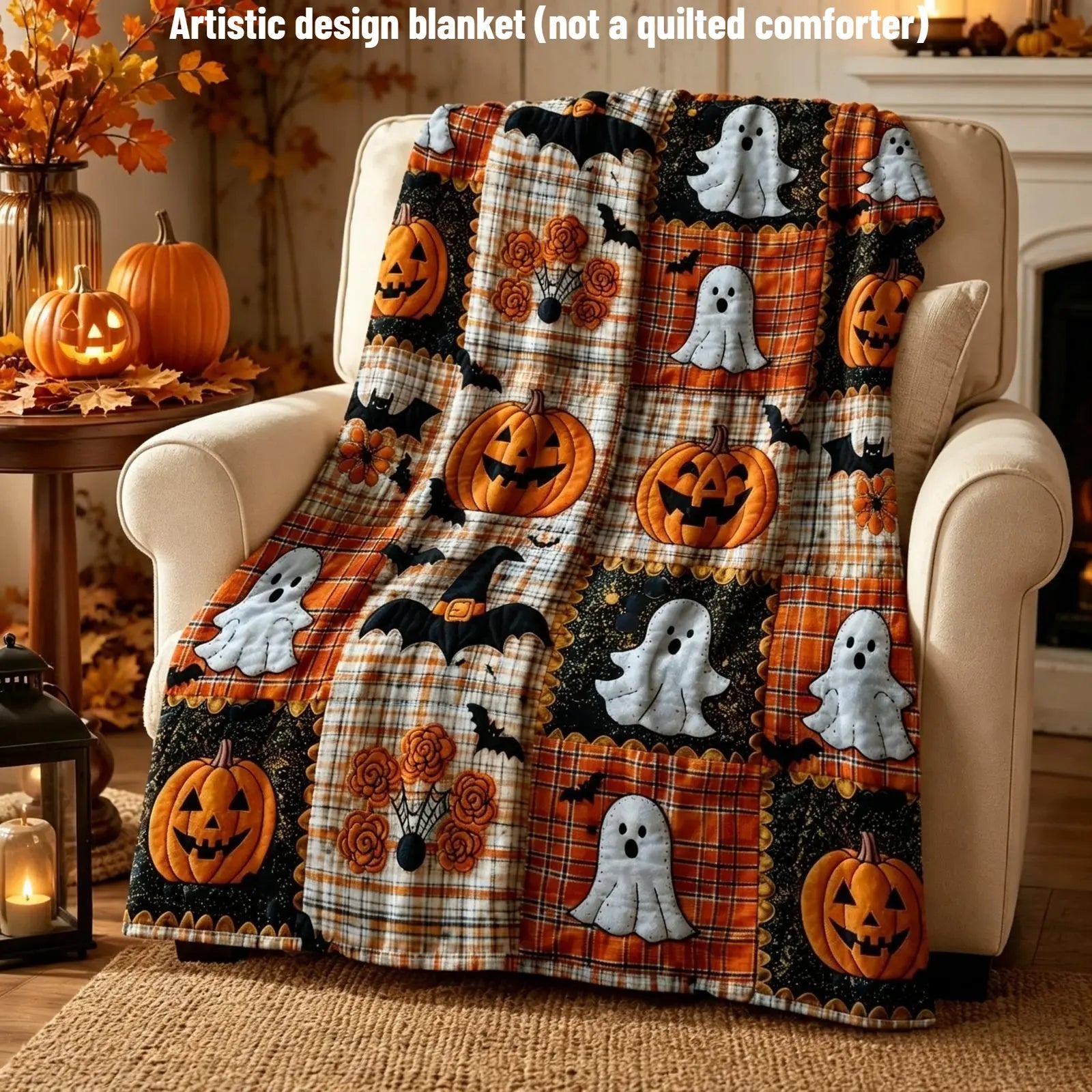 Countdown Sale Halloween Pumpkin Ghost Bat Plaid Patchwork Flannel Blanket Kids and Adults AC Blanket Soft Warm Cozy Throw Blanket Lightweight Sofa Bed Couch Bedroom Living Room Fall Autumn Home Decor Gift Viral Halloween Blanket