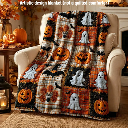 Countdown Sale Halloween Pumpkin Ghost Bat Plaid Patchwork Flannel Blanket Kids and Adults AC Blanket Soft Warm Cozy Throw Blanket Lightweight Sofa Bed Couch Bedroom Living Room Fall Autumn Home Decor Gift Viral Halloween Blanket