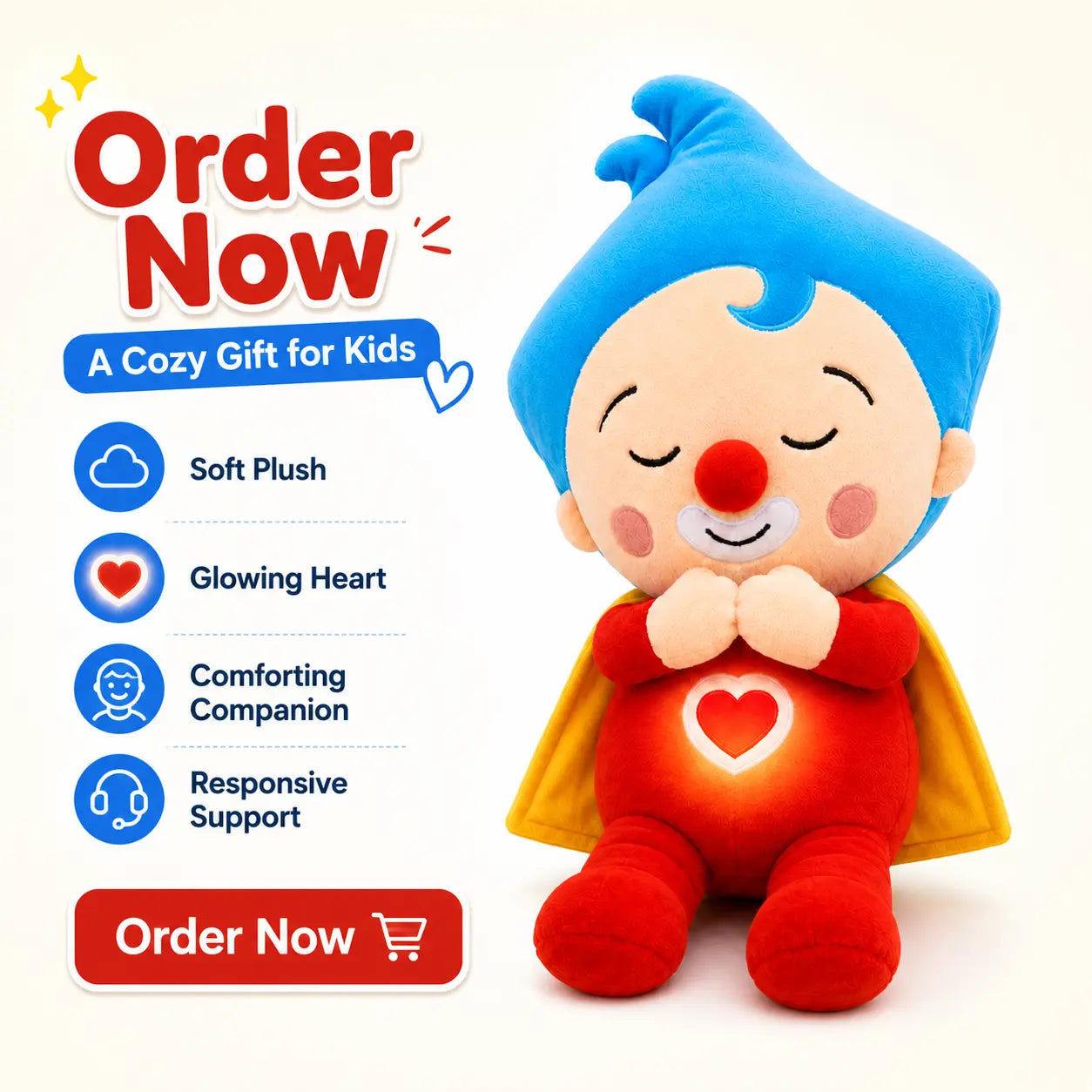 Breathing Clown Light-Up Stuffed Doll - Cute Look, Heart Glow, Plush Fabric Cuddle Toy for Bedtime Snuggles, Ideal Gift for Kids & Plush Collectors for Birthdays, Holidays