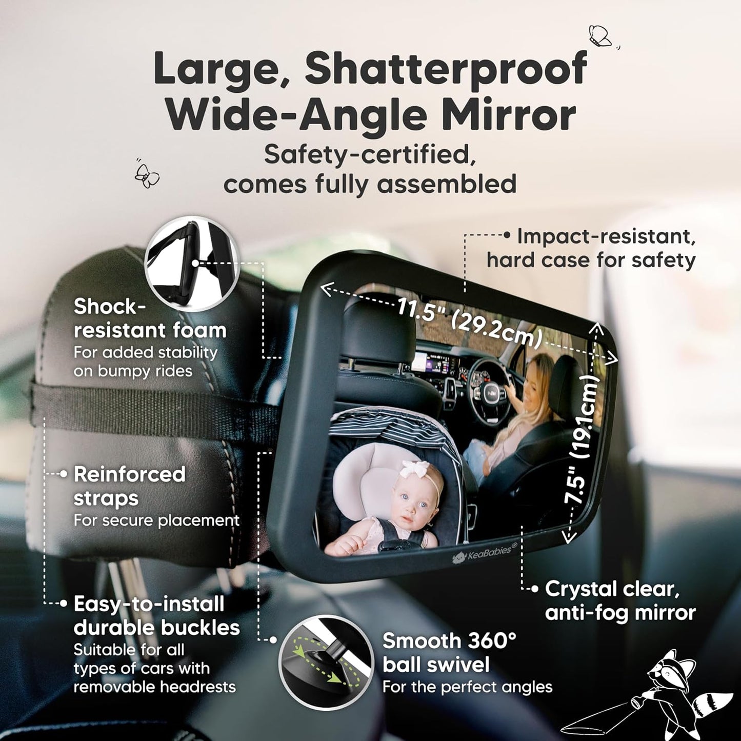 Baby Car Seat Mirror, Wide View, Shatterproof (Matte Black)