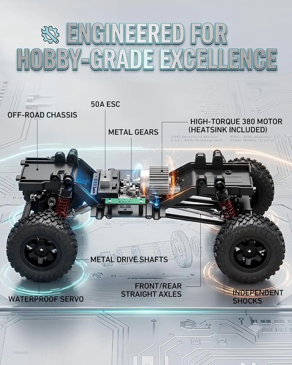 1/12 Scale 4WD Off-Road RC Crawler Truck - Hobby Grade RTR Battery-Powered Remote Control Car for Adults, 2-Speed Transmission, LED Lighting, Metal Gears, High-Torque 380 Motor, Charging Function, Detailed Hood, Opening Doors, Realistic Hard-Body, Led Lig