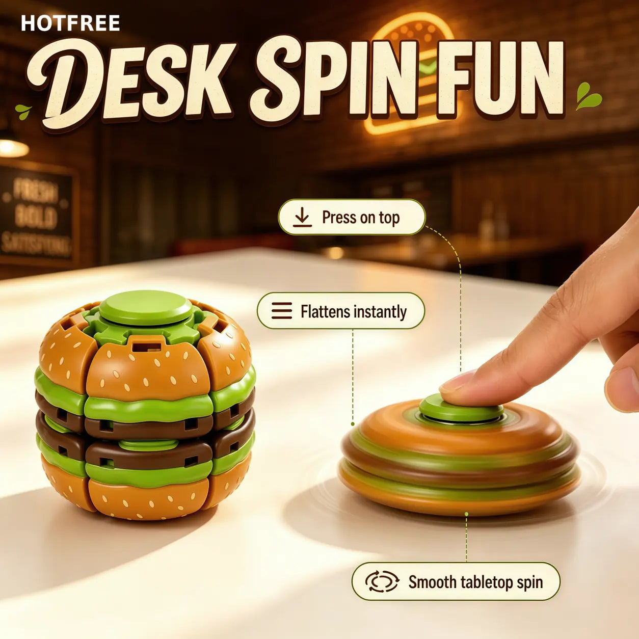 Hotfree Hamburger Transformable Fidget Ball Toy with Press & Spin Function, Handheld Sensory Fidget Gyro Toy, Pocket Stress Relief Tool, Anxiety Calming Fidget Spinner, Focus Aid for ADHD, Desk Fidget Gadget for Adults & Teens