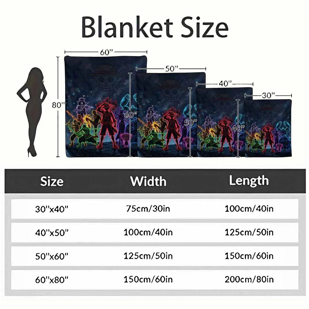 One-Piece Neon Silhouette Flannel Blanket Straw Hat Crew Anime Art Print Soft Cozy Warm Lightweight Plush Throw for Sofa Bed Gaming Room Otaku Fan Gift