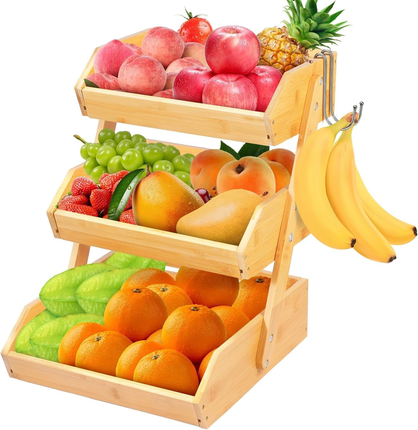 Natural Bamboo Fruit Basket 3 Tier for Kitchen Countertop Counter Top