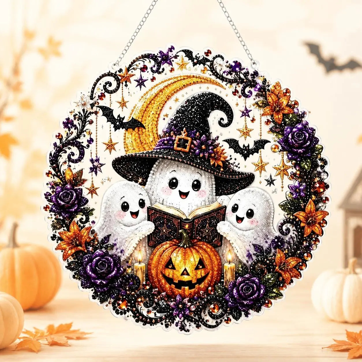 9.8In Halloween Diamond Painting Hanging Suncatcher Kit, Witch‑Black Cat‑Happy Halloween‑Ghost Reading‑Pumpkin Designs, Acrylic DIY Rhinestone Art Ornament, Home Decor Gift for Kids Adults