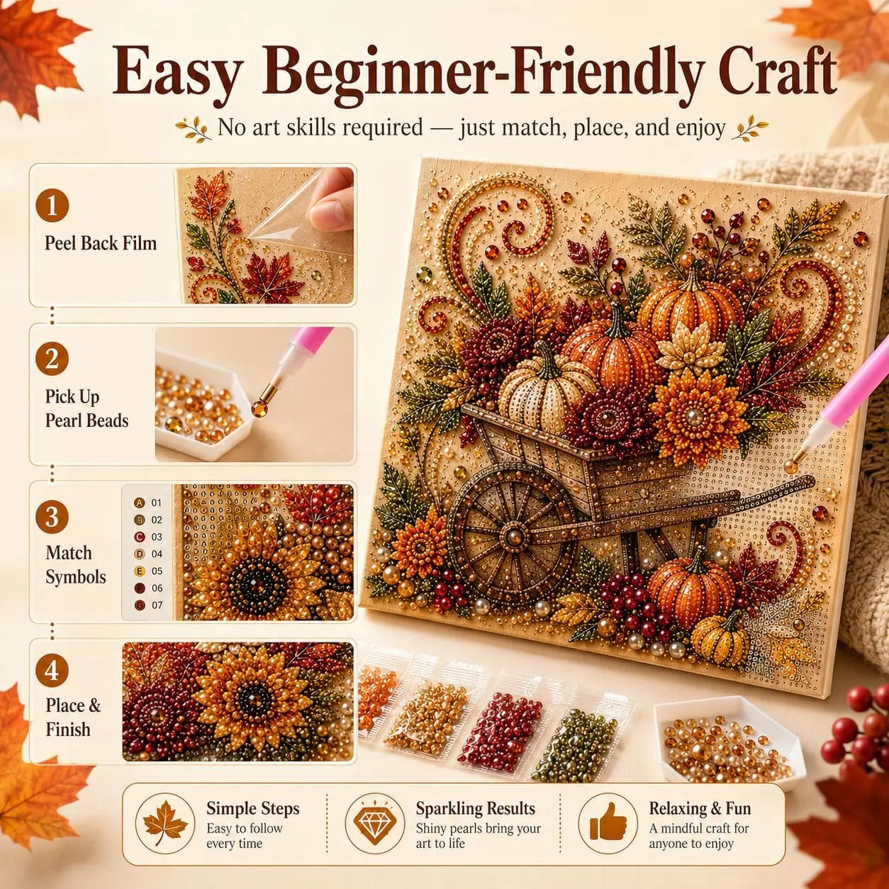 Autumn Pearl Painting Kit - Pearl Art Diy Kits for Adults Autumn (Pumpkin) | 12 * 12-Inch Beginner-Friendly Crafting with Selected Fall Scenes, a Relaxing DIY Project for Sparkling Autumn Artwork