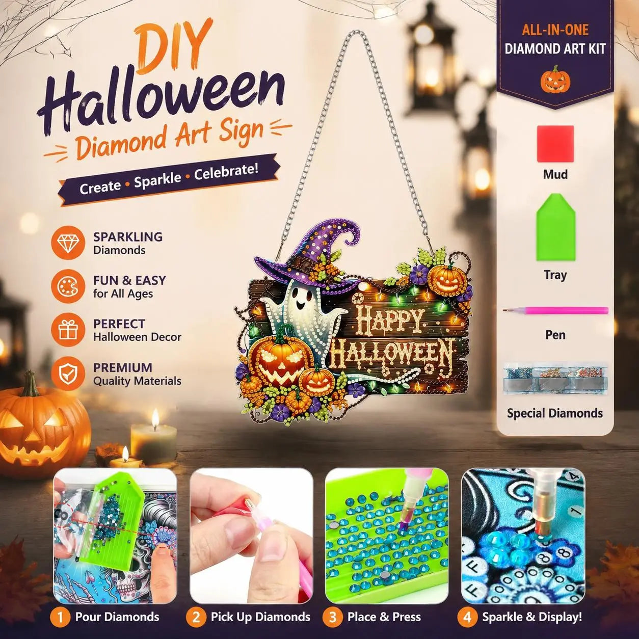 9.8In Halloween Diamond Painting Hanging Suncatcher Kit, Witch‑Black Cat‑Happy Halloween‑Ghost Reading‑Pumpkin Designs, Acrylic DIY Rhinestone Art Ornament, Home Decor Gift for Kids Adults