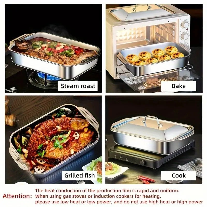 Stainless Steel Durable Bakeware Set - 4Pc Extra Large Nonstick Thick-Bottomed Rectangular Oven-Safe Cake Tins with Lids, Grill-To-Serve for Desserts, Grilling, Mother’S Day Gift