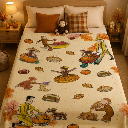 Classic Curious George Fall Harvest Flannel Throw Blanket, Pumpkin-Maple Leaf Cartoon Print, Soft Cozy Sofa Bed Cover, Ideal Thanksgiving Gift for Kids, Multi-Size