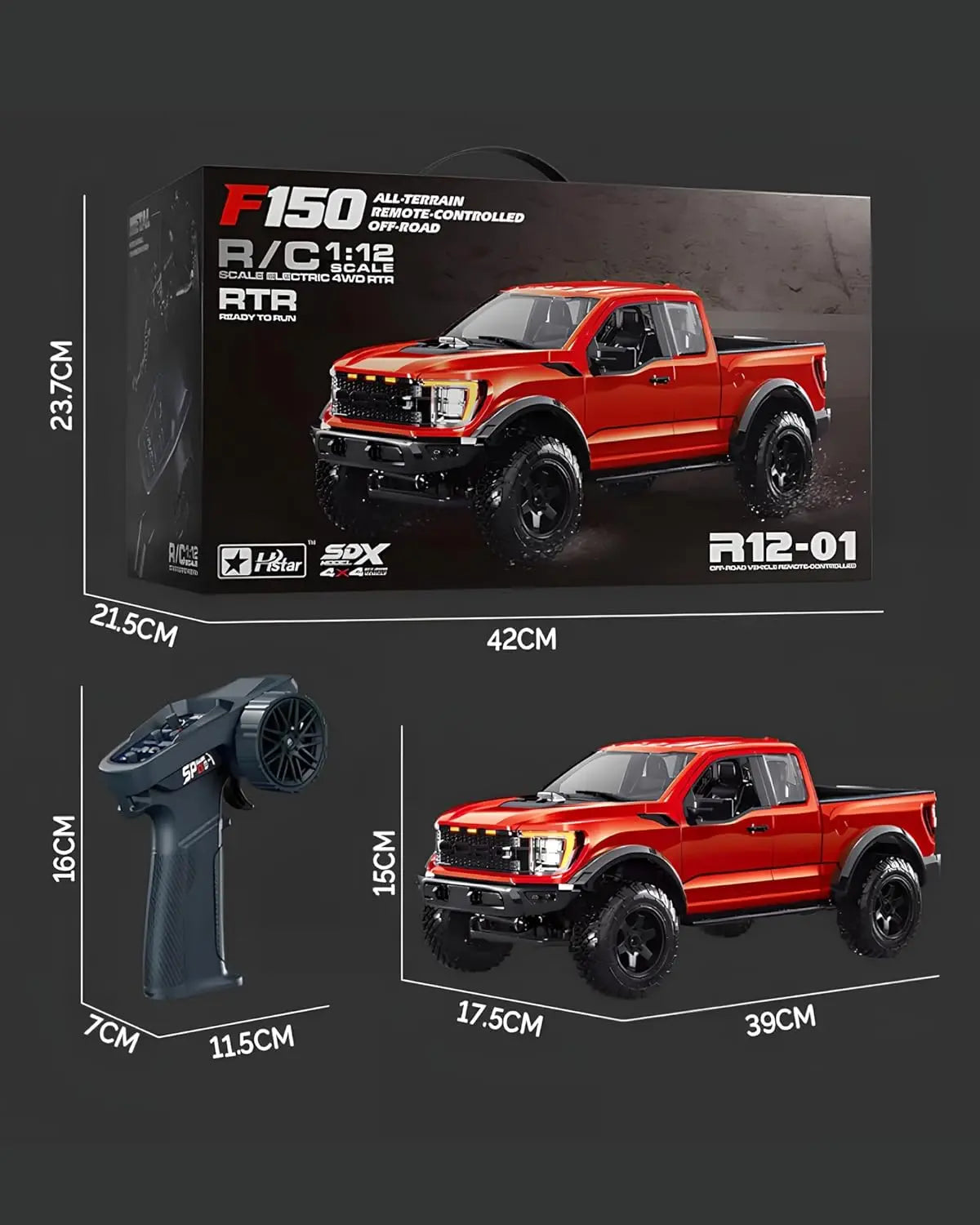 1/12 Scale 4WD Off-Road RC Crawler Truck - Hobby Grade RTR Battery-Powered Remote Control Car for Adults, 2-Speed Transmission, LED Lighting, Metal Gears, High-Torque 380 Motor, Charging Function, Detailed Hood, Opening Doors, Realistic Hard-Body, Led Lig