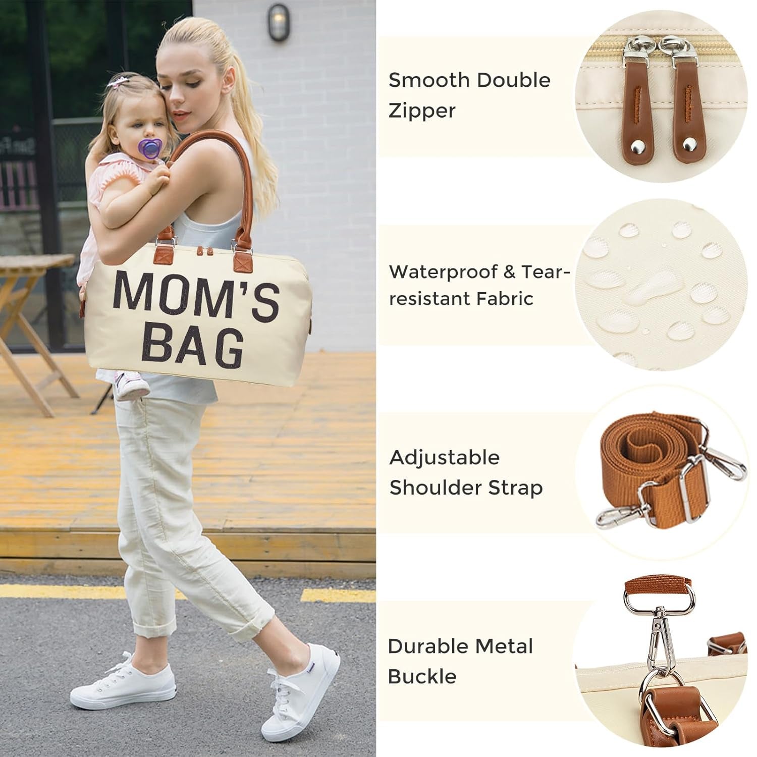 Mommy Diaper Bag Tote with 2 Organizer Pouches, Spacious 17.7In Mom’S Bag for Hospital and Weekender Travel, Creamy White