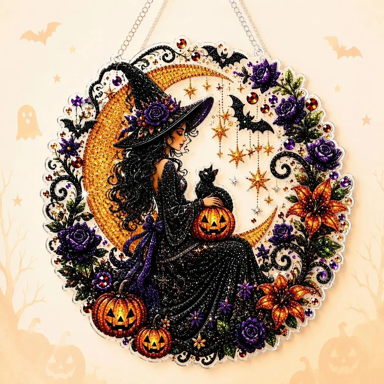 9.8In Halloween Diamond Painting Hanging Suncatcher Kit, Witch‑Black Cat‑Happy Halloween‑Ghost Reading‑Pumpkin Designs, Acrylic DIY Rhinestone Art Ornament, Home Decor Gift for Kids Adults