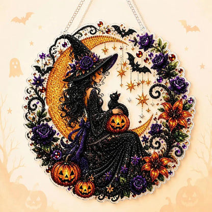 9.8In Halloween Diamond Painting Hanging Suncatcher Kit, Witch‑Black Cat‑Happy Halloween‑Ghost Reading‑Pumpkin Designs, Acrylic DIY Rhinestone Art Ornament, Home Decor Gift for Kids Adults