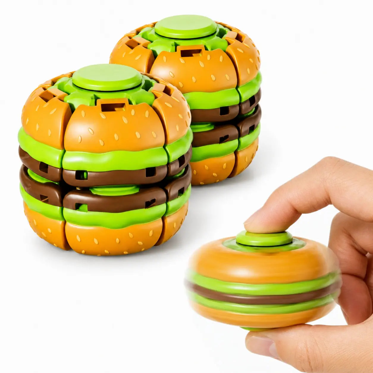 Hotfree Hamburger Transformable Fidget Ball Toy with Press & Spin Function, Handheld Sensory Fidget Gyro Toy, Pocket Stress Relief Tool, Anxiety Calming Fidget Spinner, Focus Aid for ADHD, Desk Fidget Gadget for Adults & Teens