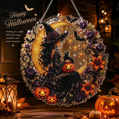 9.8In Halloween Diamond Painting Hanging Suncatcher Kit, Witch‑Black Cat‑Happy Halloween‑Ghost Reading‑Pumpkin Designs, Acrylic DIY Rhinestone Art Ornament, Home Decor Gift for Kids Adults