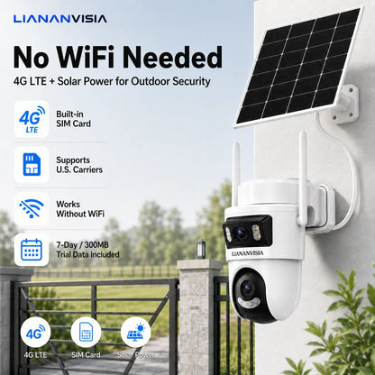 LIANANVISIA 4G LTE Cellular Security Camera - No Wifi, 4G Data Plan Required after 7-Day Free Trial, Built-In SIM Card, Solar-Powered Dual-Lens Outdoor System with Color Night Vision, 360° Pan-Tilt, Remote Viewing, 2-Way Speaker, Local Storage