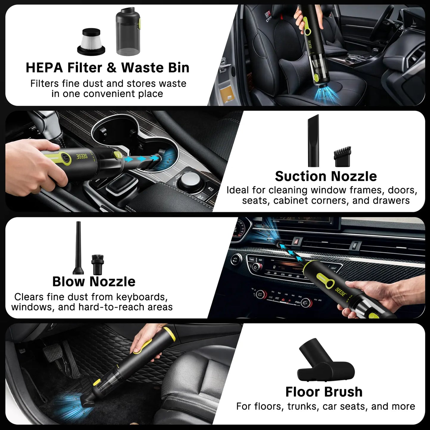 SEESE Car Vacuum Portable Cordless, 20000Pa 2 in 1 Vacuum Cleaner&Air Duster, 100W Brushless Motor Handheld Vacuum Cordless with 6000Mah Battery, Multi-Nozzles for Car, Home, Office, Pet Backtoschool