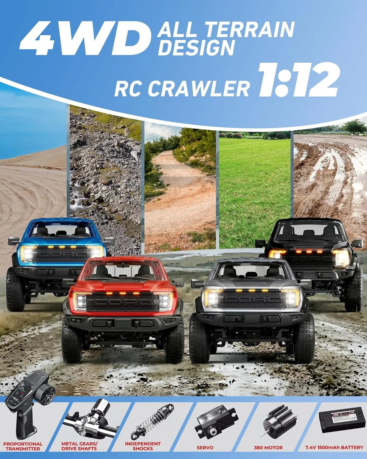 1/12 Scale 4WD Off-Road RC Crawler Truck - Hobby Grade RTR Battery-Powered Remote Control Car for Adults, 2-Speed Transmission, LED Lighting, Metal Gears, High-Torque 380 Motor, Charging Function, Detailed Hood, Opening Doors, Realistic Hard-Body, Led Lig