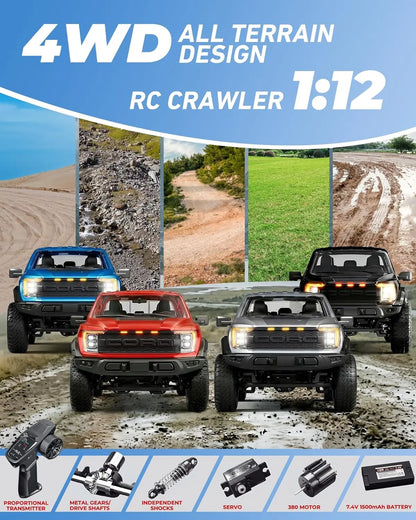 1/12 Scale 4WD Off-Road RC Crawler Truck - Hobby Grade RTR Battery-Powered Remote Control Car for Adults, 2-Speed Transmission, LED Lighting, Metal Gears, High-Torque 380 Motor, Charging Function, Detailed Hood, Opening Doors, Realistic Hard-Body, Led Lig