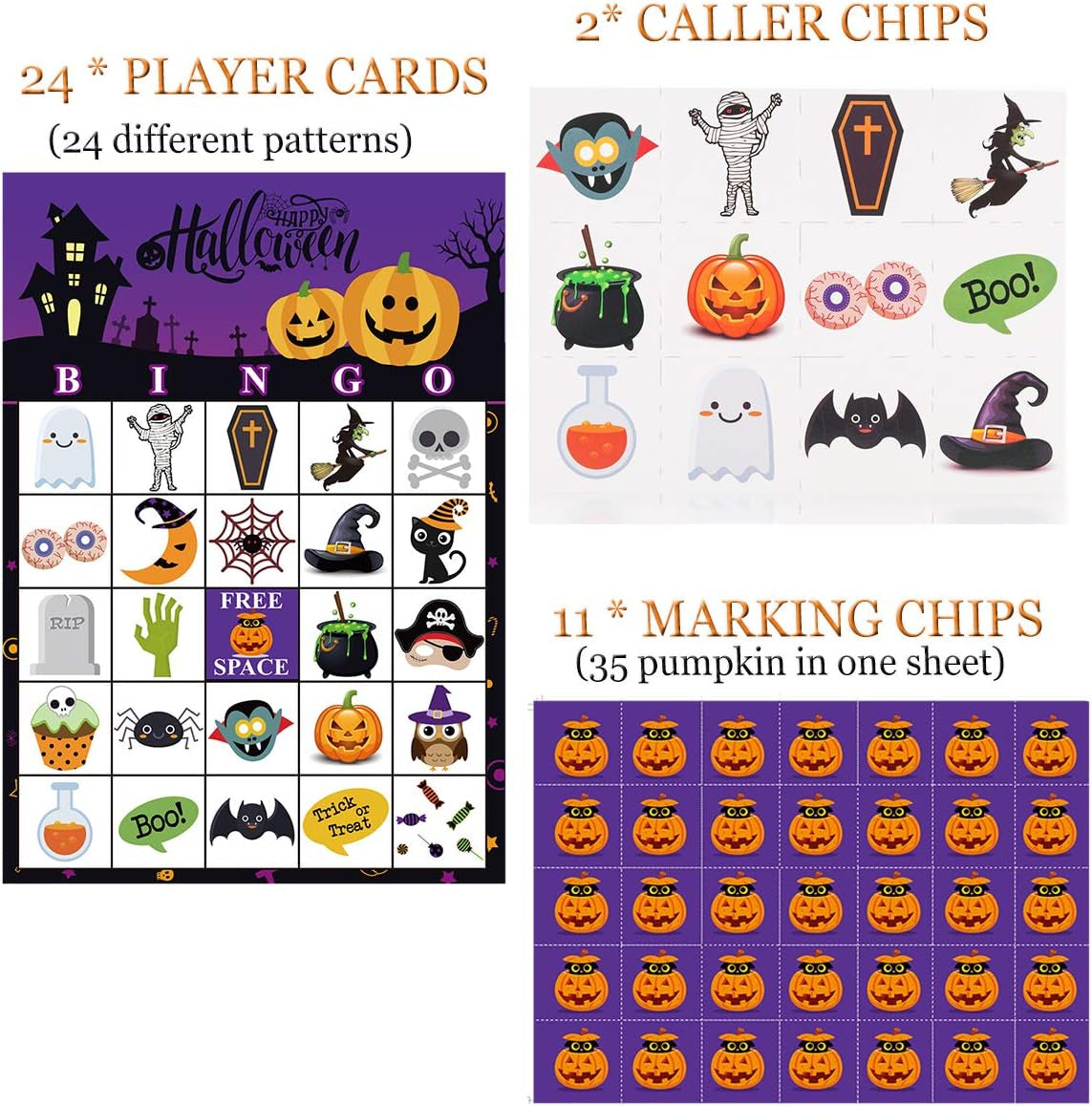 Halloween Bingo Game for 24 Players, Party Games for Kids Classroom