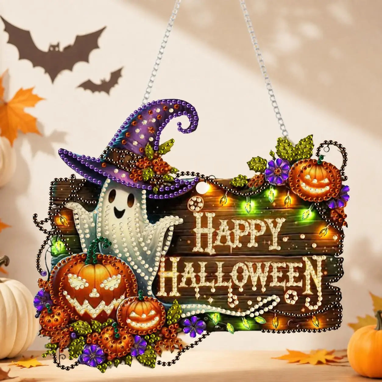 9.8In Halloween Diamond Painting Hanging Suncatcher Kit, Witch‑Black Cat‑Happy Halloween‑Ghost Reading‑Pumpkin Designs, Acrylic DIY Rhinestone Art Ornament, Home Decor Gift for Kids Adults