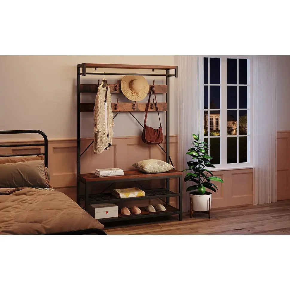 Industrial Hall Tree Coat Rack with Bench and 2-Tier Shoe Storage – 8 Hooks, Hanging Bar, Top Shelf – Metal Frame Wood Accent Entryway Organizer for Hallway, Mudroom, Bedroom, 39.9"X15.7"X72"