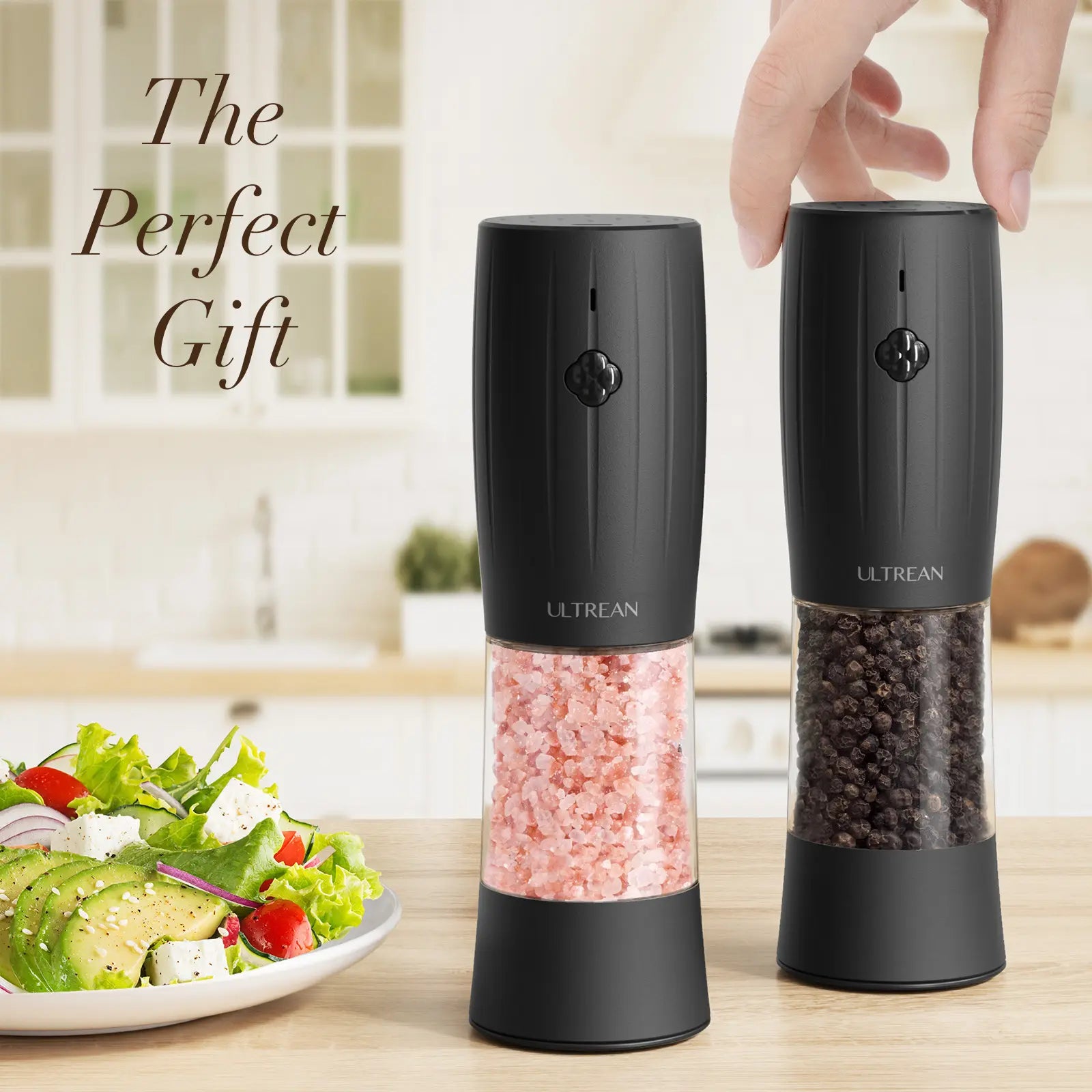 Ultrean Rechargeable Electric Salt and Pepper Grinder Set - Modern Cylindrical ABS Plastic Seasoning Utensils with 6 Adjustable Coarseness, Coarse Control, LED Light, Sky Blue Kitchen Gadget, Housewarming Gift