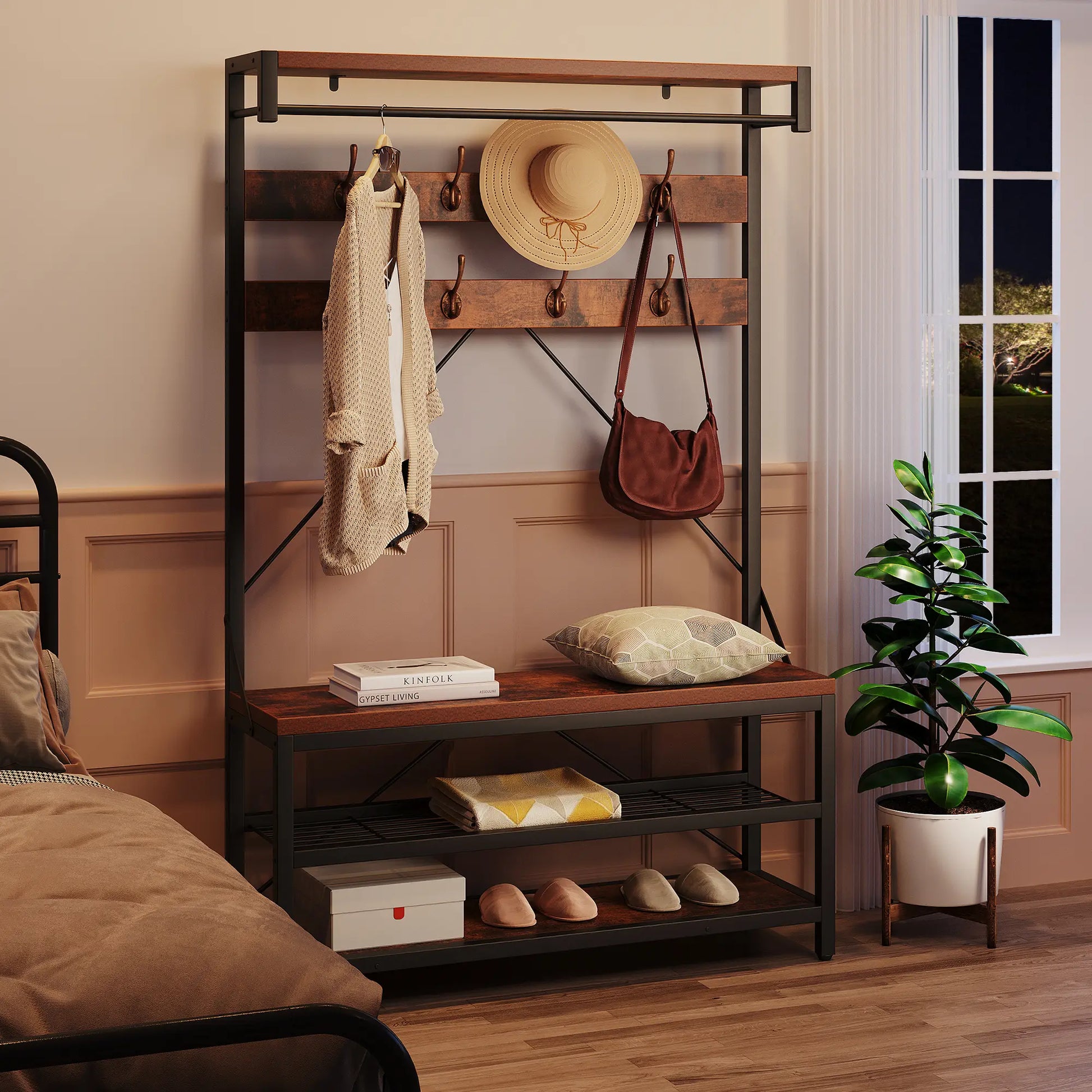 Industrial Hall Tree Coat Rack with Bench and 2-Tier Shoe Storage – 8 Hooks, Hanging Bar, Top Shelf – Metal Frame Wood Accent Entryway Organizer for Hallway, Mudroom, Bedroom, 39.9"X15.7"X72"
