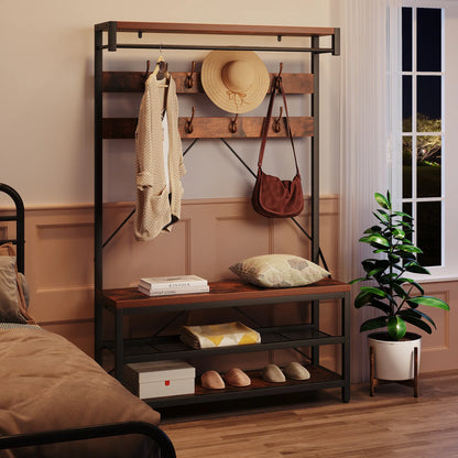 Industrial Hall Tree Coat Rack with Bench and 2-Tier Shoe Storage – 8 Hooks, Hanging Bar, Top Shelf – Metal Frame Wood Accent Entryway Organizer for Hallway, Mudroom, Bedroom, 39.9"X15.7"X72"