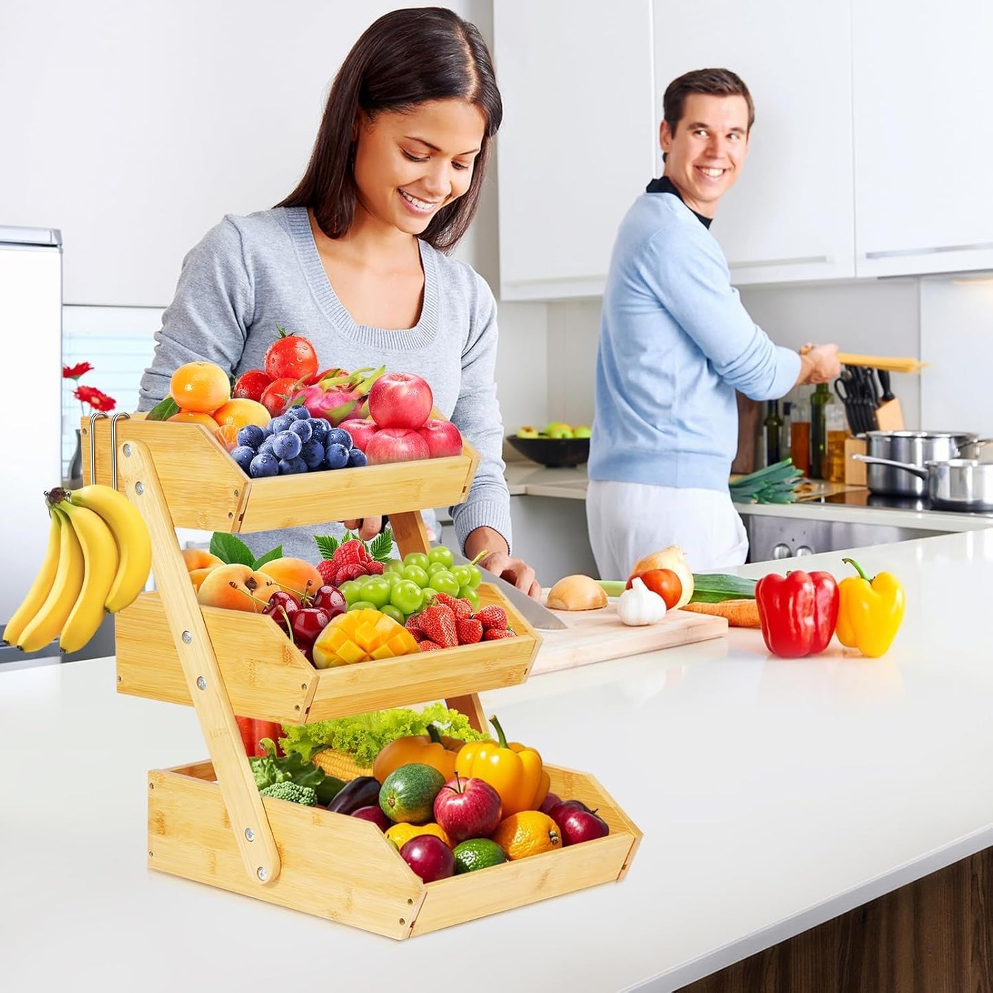 Natural Bamboo Fruit Basket 3 Tier for Kitchen Countertop Counter Top