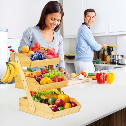 Natural Bamboo Fruit Basket 3 Tier for Kitchen Countertop Counter Top