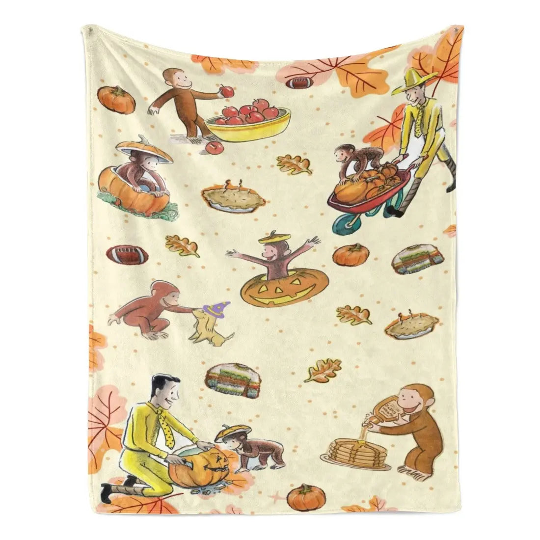 Classic Curious George Fall Harvest Flannel Throw Blanket, Pumpkin-Maple Leaf Cartoon Print, Soft Cozy Sofa Bed Cover, Ideal Thanksgiving Gift for Kids, Multi-Size