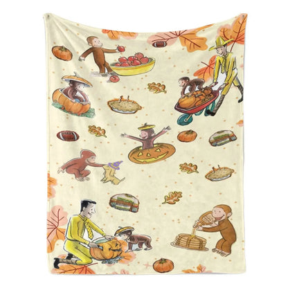 Classic Curious George Fall Harvest Flannel Throw Blanket, Pumpkin-Maple Leaf Cartoon Print, Soft Cozy Sofa Bed Cover, Ideal Thanksgiving Gift for Kids, Multi-Size