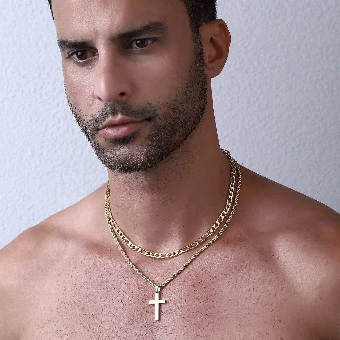 Layered Gold Cross Necklaces for Men Boys Stainless Steel Figaro Twist Rope Pendant Chain Set Religious Christian Birthday First Communion Graduation Fathers Day Jewelry Gifts Teen Dad Him Kids