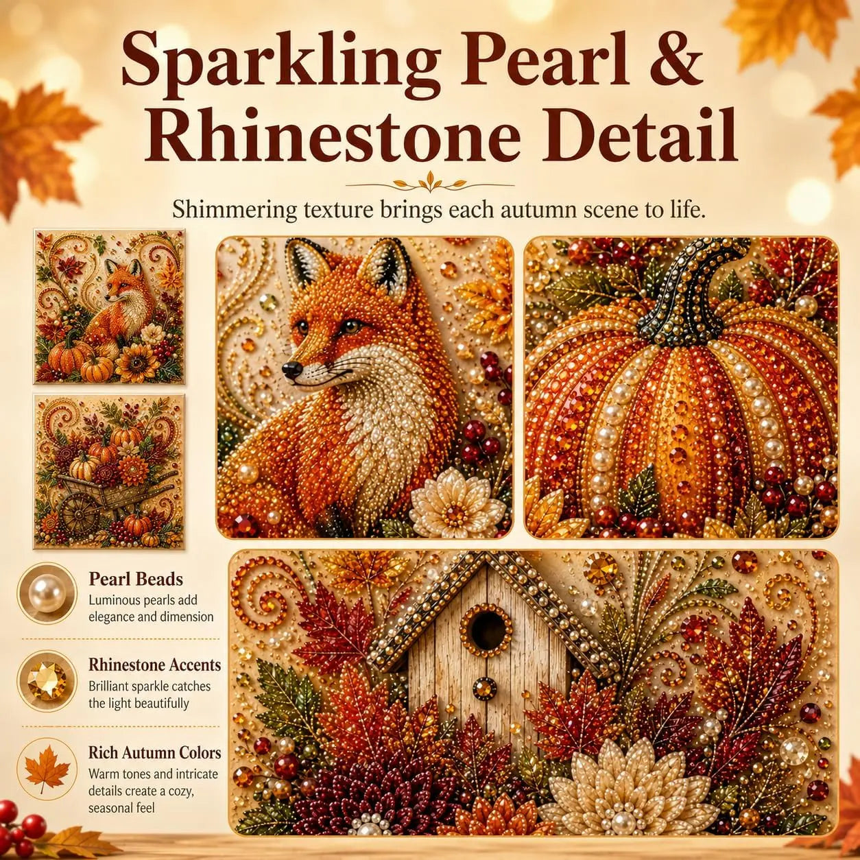 Autumn Pearl Painting Kit - Pearl Art Diy Kits for Adults Autumn (Pumpkin) | 12 * 12-Inch Beginner-Friendly Crafting with Selected Fall Scenes, a Relaxing DIY Project for Sparkling Autumn Artwork