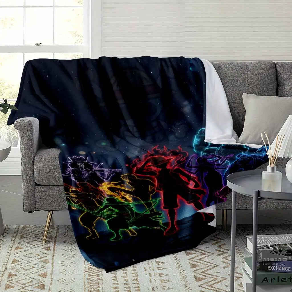 One-Piece Neon Silhouette Flannel Blanket Straw Hat Crew Anime Art Print Soft Cozy Warm Lightweight Plush Throw for Sofa Bed Gaming Room Otaku Fan Gift