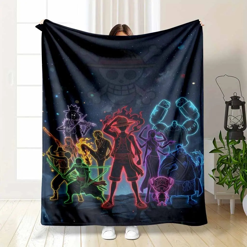 One-Piece Neon Silhouette Flannel Blanket Straw Hat Crew Anime Art Print Soft Cozy Warm Lightweight Plush Throw for Sofa Bed Gaming Room Otaku Fan Gift