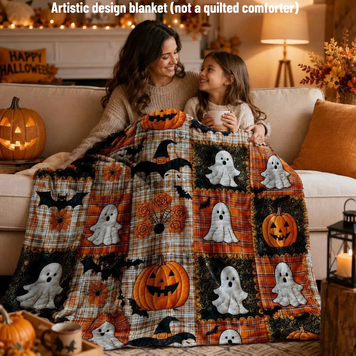 Countdown Sale Halloween Pumpkin Ghost Bat Plaid Patchwork Flannel Blanket Kids and Adults AC Blanket Soft Warm Cozy Throw Blanket Lightweight Sofa Bed Couch Bedroom Living Room Fall Autumn Home Decor Gift Viral Halloween Blanket