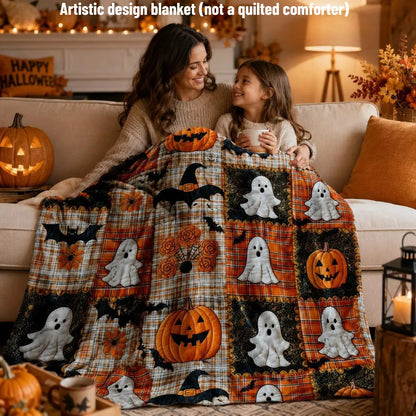 Countdown Sale Halloween Pumpkin Ghost Bat Plaid Patchwork Flannel Blanket Kids and Adults AC Blanket Soft Warm Cozy Throw Blanket Lightweight Sofa Bed Couch Bedroom Living Room Fall Autumn Home Decor Gift Viral Halloween Blanket