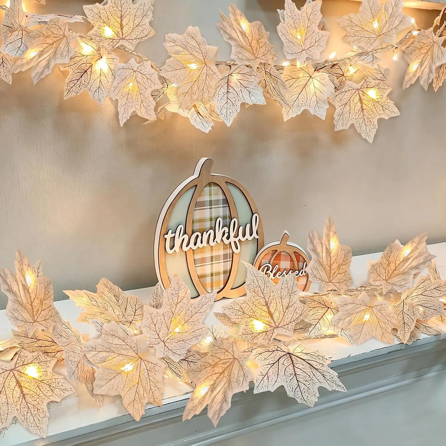 3 Pack Fall Decor - Fall Garland with Lights Fall Decorations for Home, Total 20Ft 60LED Thick Lighted Maples Leafed Autumn Garland Wedding Harvest Fireplace Party Christmas Thanksgiving Decorations